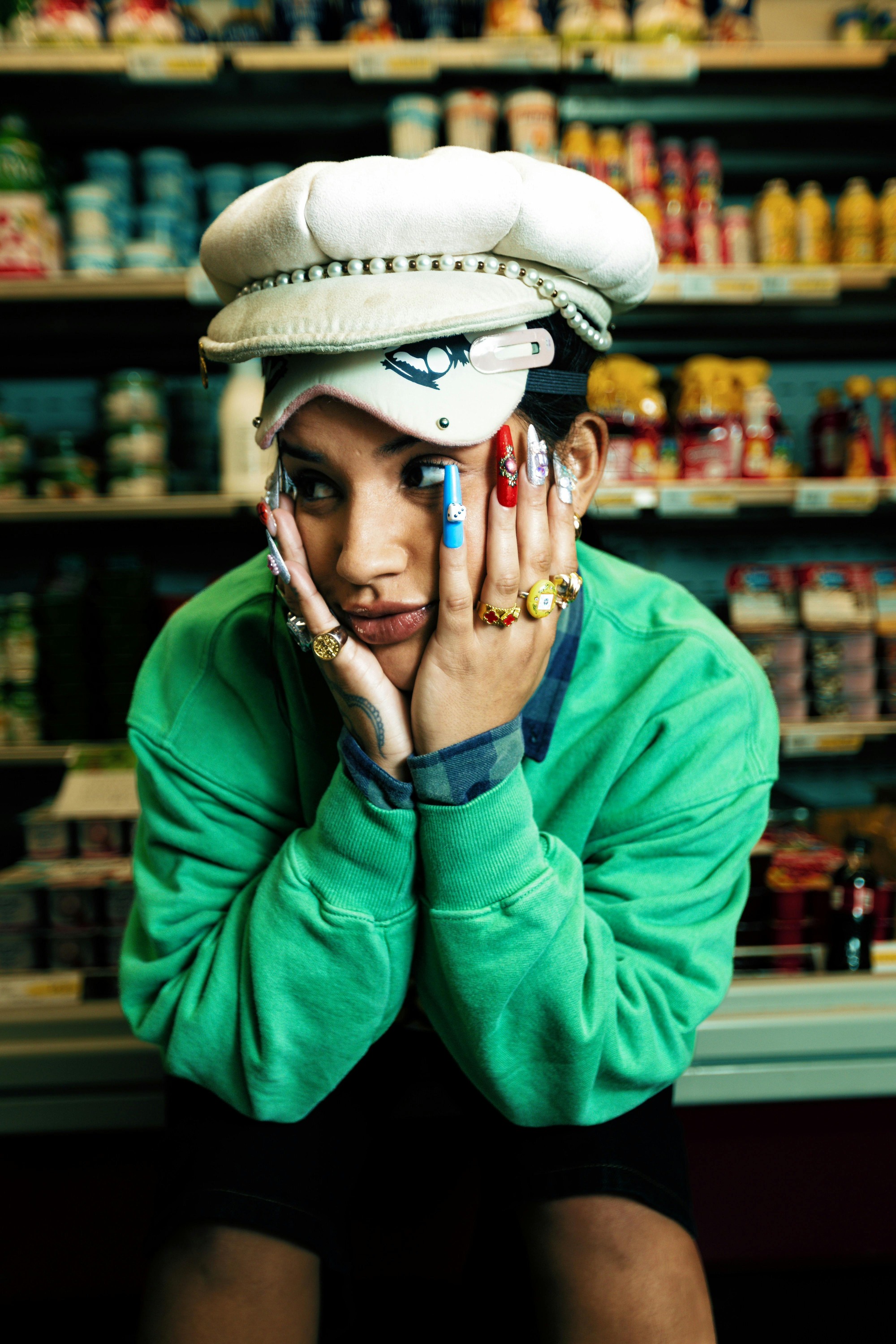 lady with a hat on with her hands on her face 