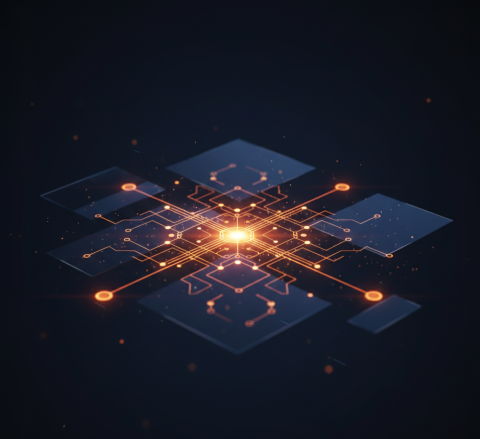 Orange cross with orange layers of data coming out of it