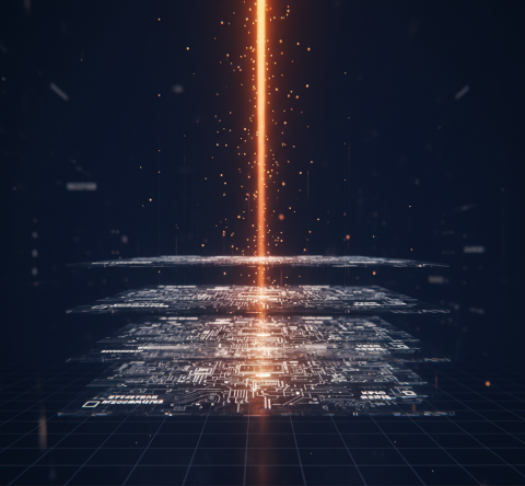 an orange laser beam shooting through what looks like layers of data