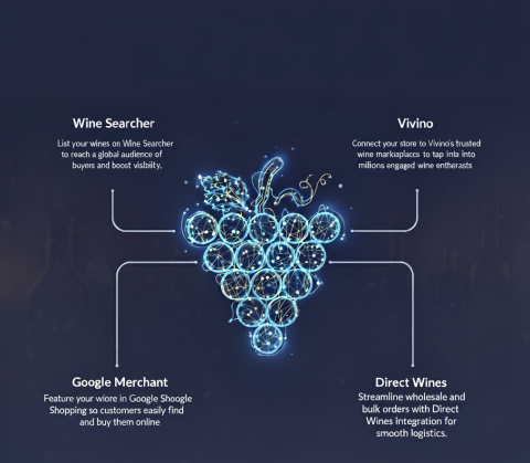 image of grapes with the words wine searcher, google merchant, direct wines coming off it 